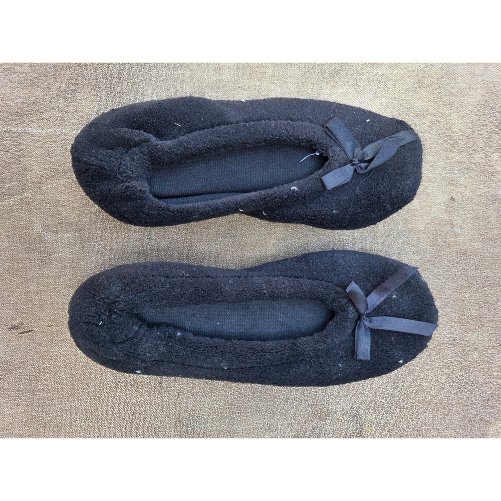 Black Fleece Ballet Slippers Bow Accent House Shoes Large 8-9 Machine Washable